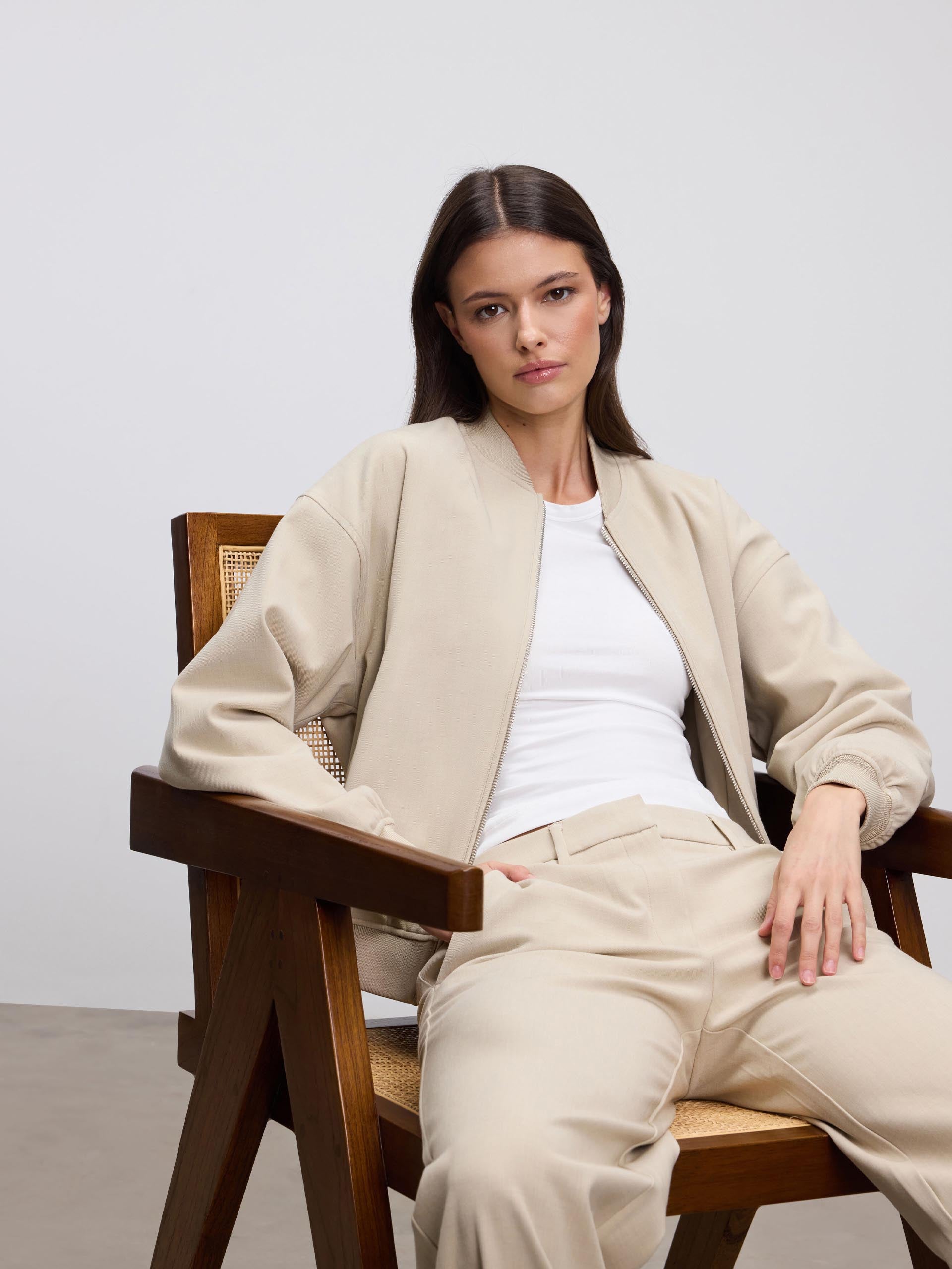 Womens Soft Knitted Bomber Jacket in Stone - Image 2